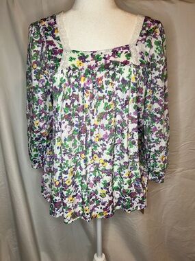 Hope & Harlow  Boho Women’s Size SmallFloral Square-Neck Peasant Blouse